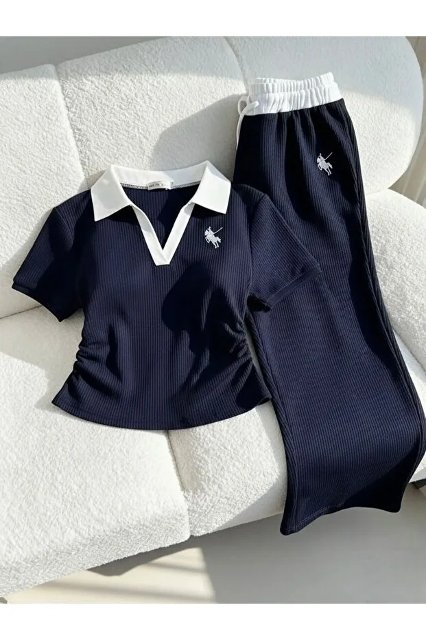 Polo Yaka Nakışlı Büzgülü Takım Polo Yaka Nakışlı Büzgülü Takım